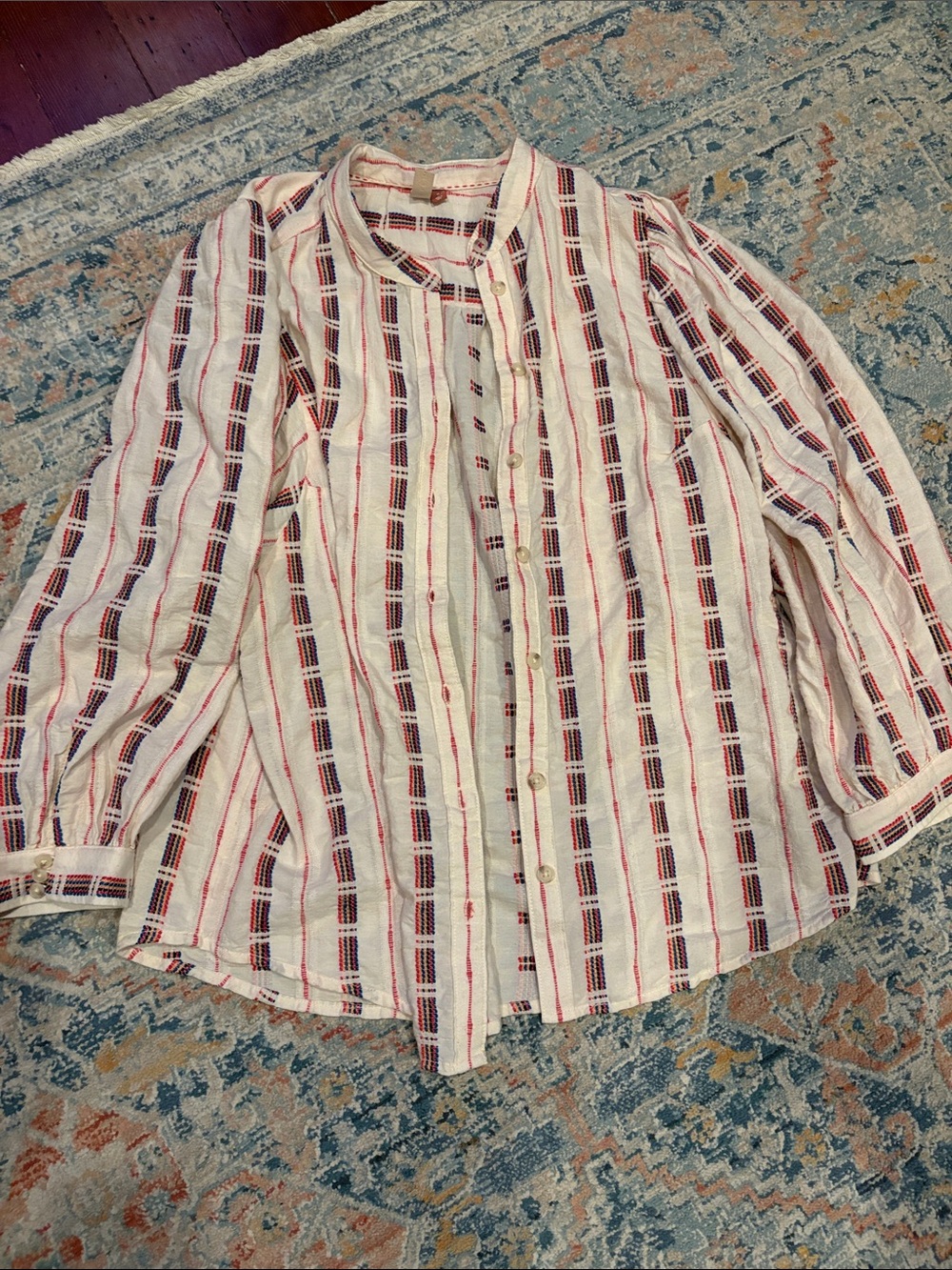 Pilcro White Button-Down Shirt with pink & Navy Stripes